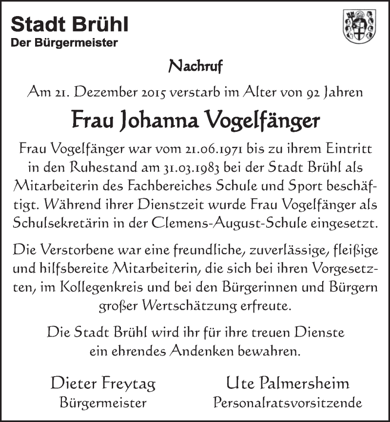  Traueranzeige für Johanna Vogelfänger vom 30.12.2015 aus  Schlossbote/Werbekurier 