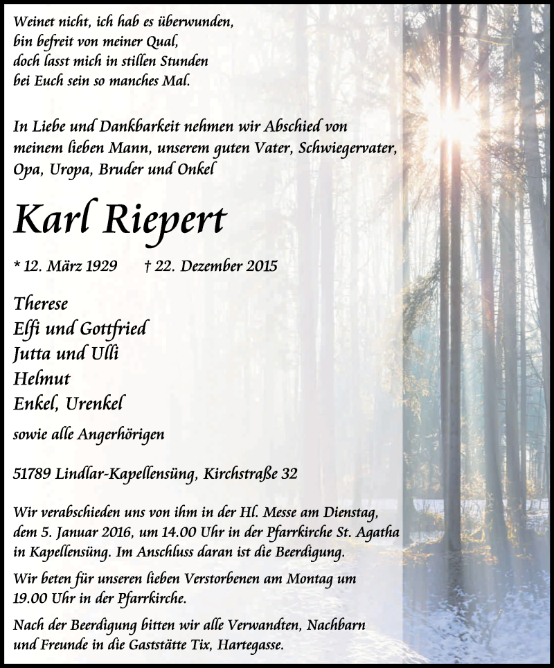  Traueranzeige für Karl Riepert vom 30.12.2015 aus Kölner Stadt-Anzeiger / Kölnische Rundschau / Express