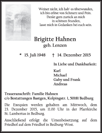Anzeige von Brigitte Hahnen von  Sonntags-Post 