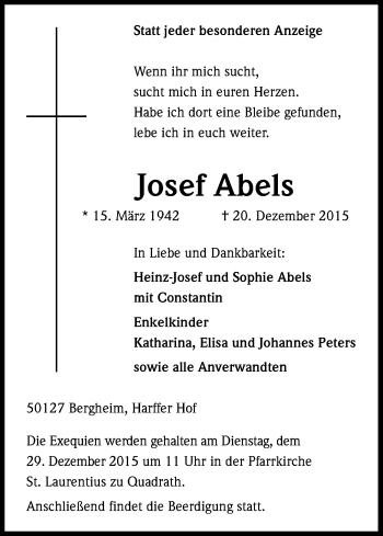 Anzeige von Josef Abels von Kölner Stadt-Anzeiger / Kölnische Rundschau / Express