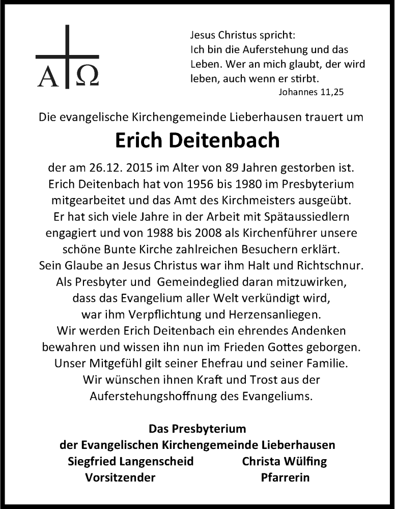  Traueranzeige für Erich Deitenbach vom 31.12.2015 aus Kölner Stadt-Anzeiger / Kölnische Rundschau / Express
