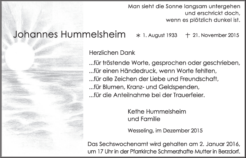  Traueranzeige für Johannes Hummelsheim vom 23.12.2015 aus  Schlossbote/Werbekurier 
