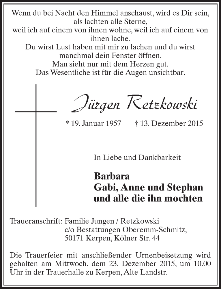  Traueranzeige für Jürgen Retzkowski vom 19.12.2015 aus  Sonntags-Post 