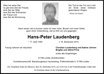 Anzeige von Hans-Peter Laudenberg von Kölner Stadt-Anzeiger / Kölnische Rundschau / Express
