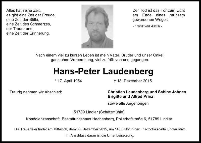  Traueranzeige für Hans-Peter Laudenberg vom 23.12.2015 aus Kölner Stadt-Anzeiger / Kölnische Rundschau / Express