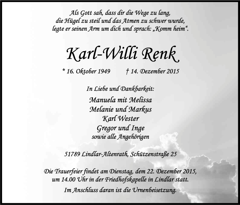  Traueranzeige für Karl-Willi Renk vom 19.12.2015 aus Kölner Stadt-Anzeiger / Kölnische Rundschau / Express