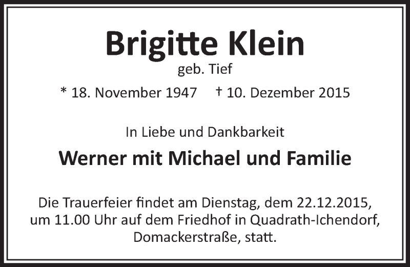  Traueranzeige für Brigitte Klein vom 19.12.2015 aus  Sonntags-Post 