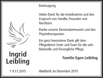 Anzeige von Ingrid Leibling von  Lokalanzeiger 