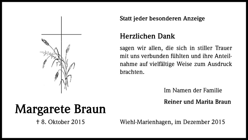  Traueranzeige für Margarete Braun vom 19.12.2015 aus Kölner Stadt-Anzeiger / Kölnische Rundschau / Express