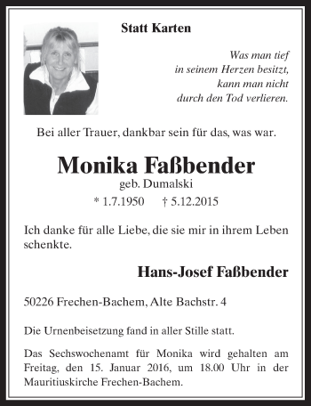 Anzeige von Monika Faßbender von  Wochenende 