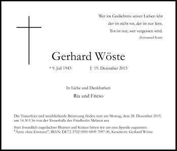 Anzeige von Gerhard Wöste von Kölner Stadt-Anzeiger / Kölnische Rundschau / Express