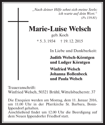Anzeige von Marie-Luise Welsch von  Schlossbote/Werbekurier 