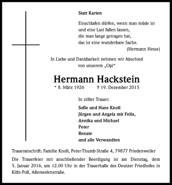 Anzeige von Hermann Hackstein von Kölner Stadt-Anzeiger / Kölnische Rundschau / Express