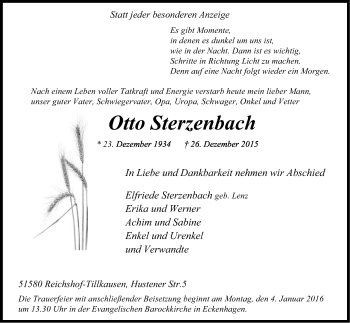 Anzeige von Otto Sterzenbach von Kölner Stadt-Anzeiger / Kölnische Rundschau / Express