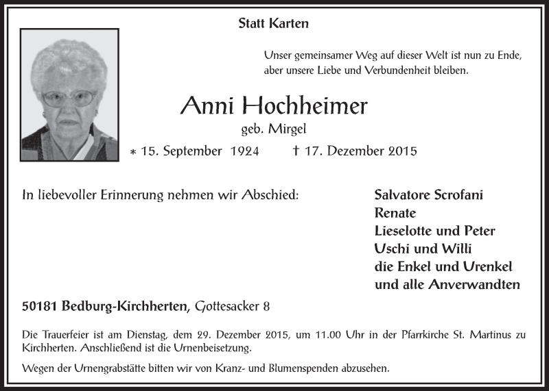  Traueranzeige für Anni Hochheimer vom 23.12.2015 aus  Werbepost 