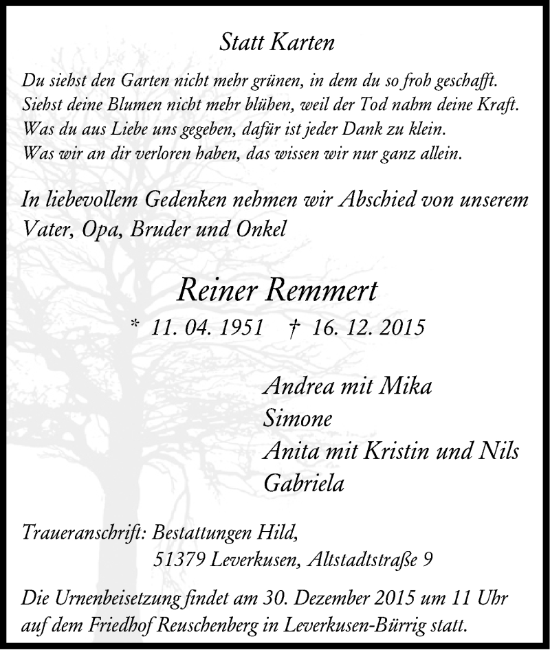  Traueranzeige für Reiner Remmert vom 19.12.2015 aus Kölner Stadt-Anzeiger / Kölnische Rundschau / Express