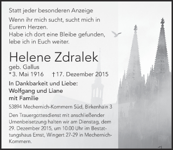 Anzeige von Helene Zdralek von  Blickpunkt Euskirchen 