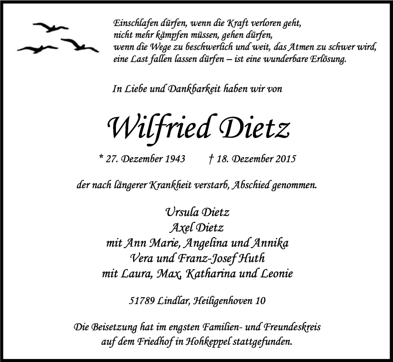  Traueranzeige für Wilfried Dietz vom 29.12.2015 aus Kölner Stadt-Anzeiger / Kölnische Rundschau / Express