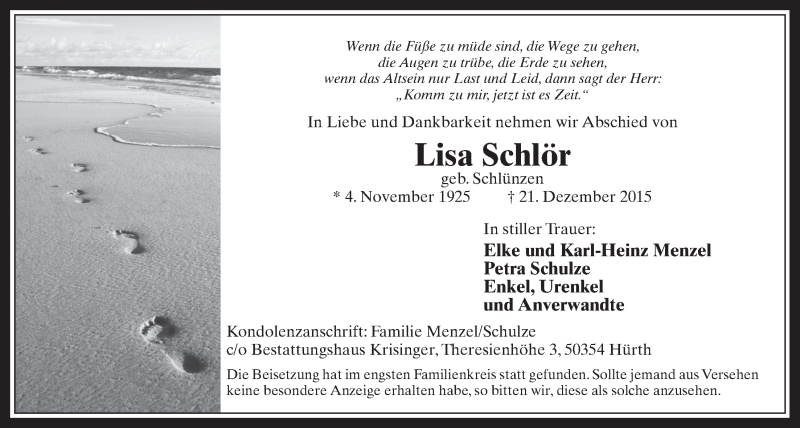  Traueranzeige für Lisa Schlör vom 30.12.2015 aus  Wochenende 
