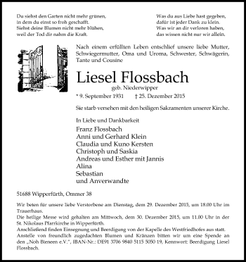 Anzeige von Liesel Flossbach von Kölner Stadt-Anzeiger / Kölnische Rundschau / Express