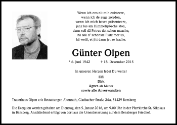 Anzeige von Günter Olpen von Kölner Stadt-Anzeiger / Kölnische Rundschau / Express