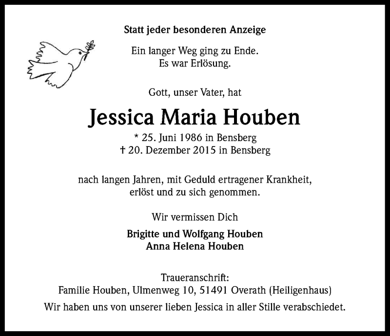  Traueranzeige für Jessica Maria Houben vom 29.12.2015 aus Kölner Stadt-Anzeiger / Kölnische Rundschau / Express
