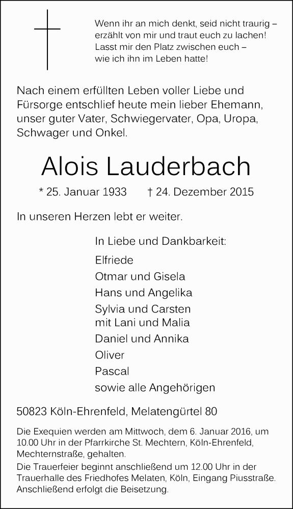  Traueranzeige für Alois Lauderbach vom 30.12.2015 aus  Kölner Wochenspiegel 