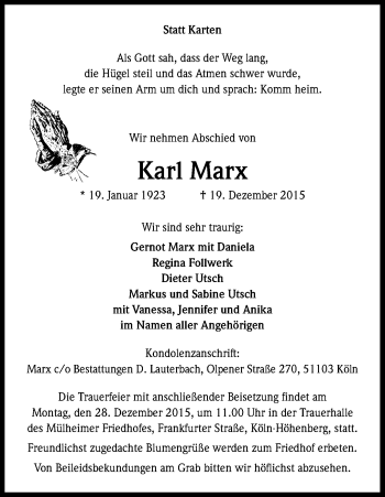 Anzeige von Karl Marx von Kölner Stadt-Anzeiger / Kölnische Rundschau / Express