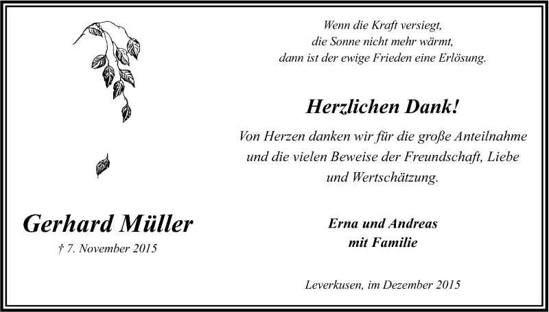  Traueranzeige für Gerhard Müller vom 19.12.2015 aus Kölner Stadt-Anzeiger / Kölnische Rundschau / Express