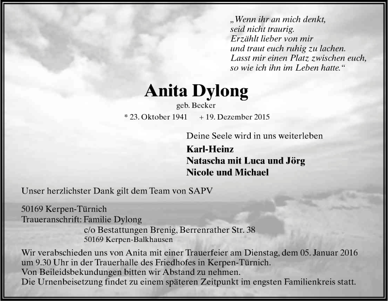  Traueranzeige für Anita Dylong vom 29.12.2015 aus Kölner Stadt-Anzeiger / Kölnische Rundschau / Express