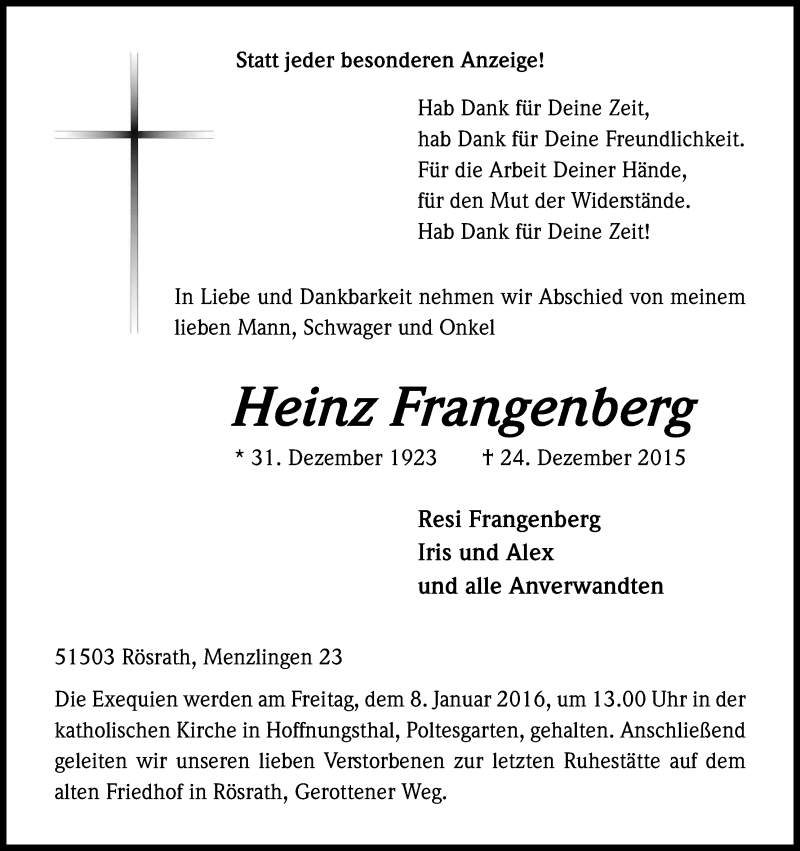  Traueranzeige für Heinz Frangenberg vom 31.12.2015 aus Kölner Stadt-Anzeiger / Kölnische Rundschau / Express