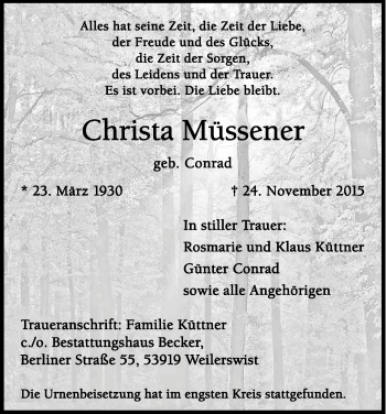 Anzeige von Christa Müssener von Kölner Stadt-Anzeiger / Kölnische Rundschau / Express