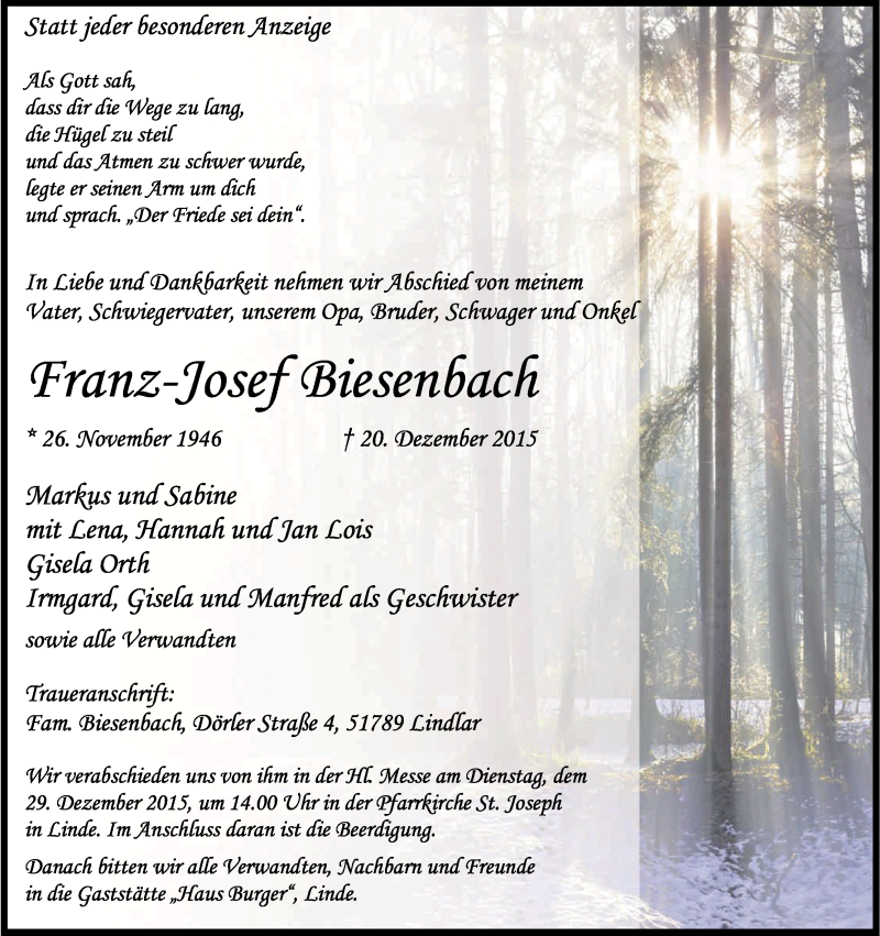  Traueranzeige für Franz-Josef Biesenbach vom 23.12.2015 aus Kölner Stadt-Anzeiger / Kölnische Rundschau / Express
