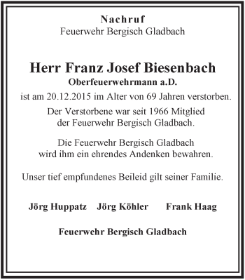 Anzeige von Franz Josef Biesenbach von  Bergisches Handelsblatt 