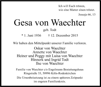 Anzeige von Gesa von Waechter von Kölner Stadt-Anzeiger / Kölnische Rundschau / Express