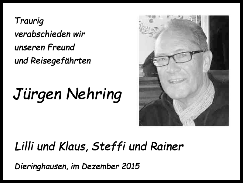  Traueranzeige für Jürgen Nehring vom 22.12.2015 aus Kölner Stadt-Anzeiger / Kölnische Rundschau / Express