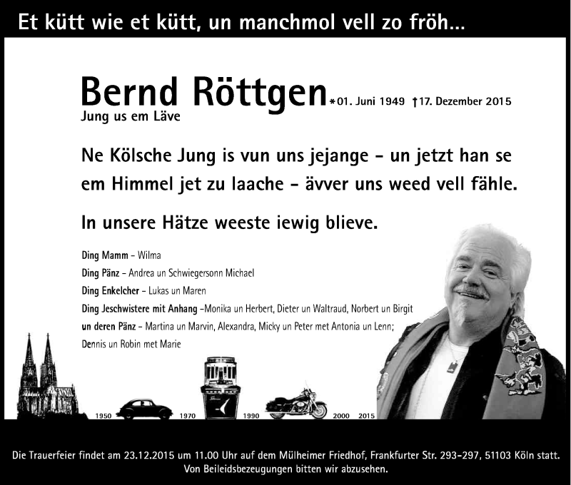  Traueranzeige für Bernd Röttgen vom 23.12.2015 aus Kölner Stadt-Anzeiger / Kölnische Rundschau / Express
