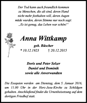 Anzeige von Anna Wittkamp von Kölner Stadt-Anzeiger / Kölnische Rundschau / Express