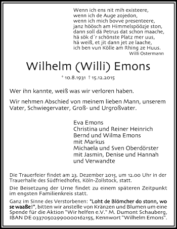 Anzeige von Wilhelm Emons von Kölner Stadt-Anzeiger / Kölnische Rundschau / Express