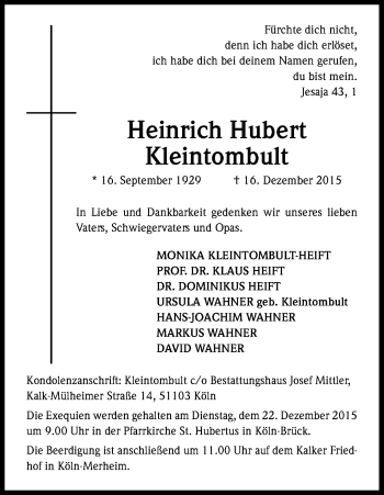 Anzeige von Heinrich Hubert Kleintombult von Kölner Stadt-Anzeiger / Kölnische Rundschau / Express