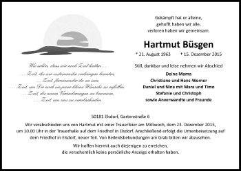 Anzeige von Hartmut Büsgen von Kölner Stadt-Anzeiger / Kölnische Rundschau / Express