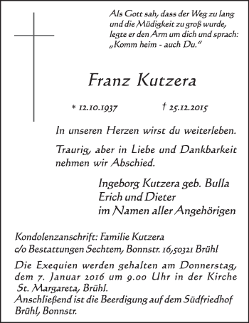 Anzeige von Franz Kutzera von  Schlossbote/Werbekurier 