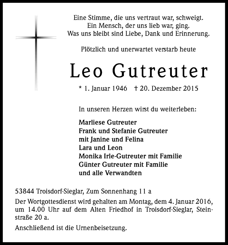  Traueranzeige für Leo Gutreuter vom 29.12.2015 aus Kölner Stadt-Anzeiger / Kölnische Rundschau / Express