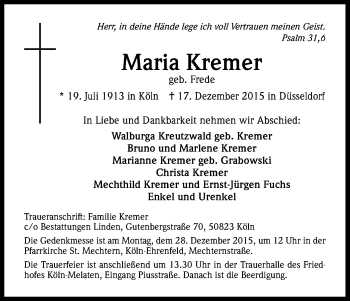 Anzeige von Maria Kremer von Kölner Stadt-Anzeiger / Kölnische Rundschau / Express