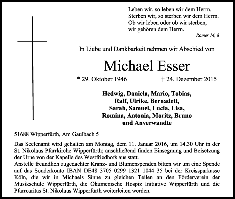  Traueranzeige für Michael Esser vom 30.12.2015 aus Kölner Stadt-Anzeiger / Kölnische Rundschau / Express