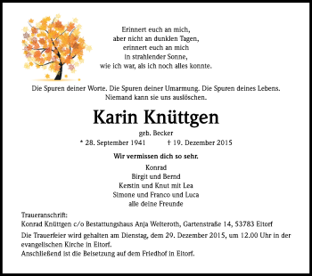 Anzeige von Karin Knüttgen von Kölner Stadt-Anzeiger / Kölnische Rundschau / Express
