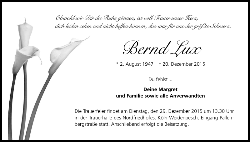  Traueranzeige für Bernd Lux vom 24.12.2015 aus Kölner Stadt-Anzeiger / Kölnische Rundschau / Express