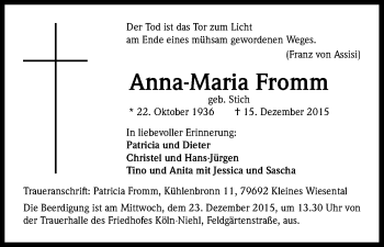 Anzeige von Anna-Maria Fromm von Kölner Stadt-Anzeiger / Kölnische Rundschau / Express