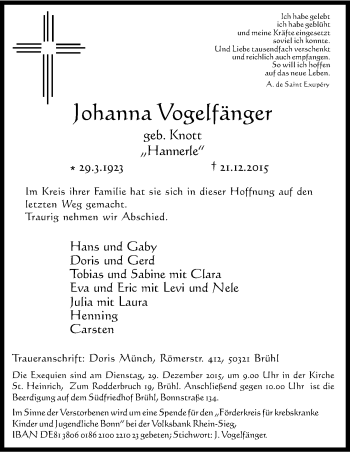 Anzeige von Johanna Vogelfänger von Kölner Stadt-Anzeiger / Kölnische Rundschau / Express