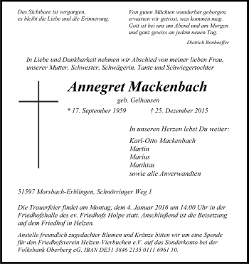Anzeige von Annegret Mackenbach von Kölner Stadt-Anzeiger / Kölnische Rundschau / Express